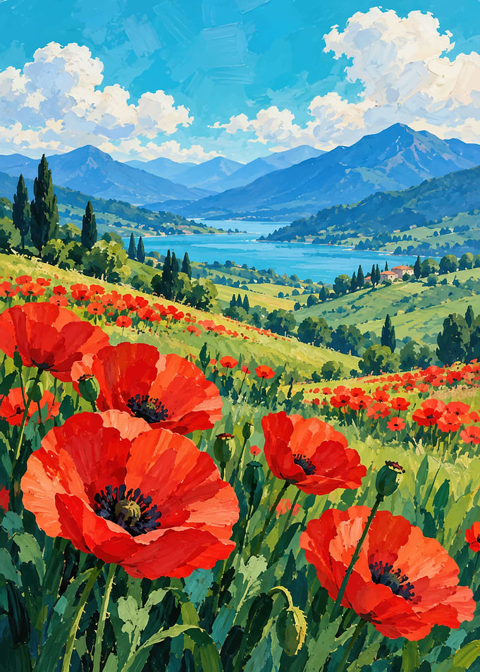 Vibrant Poppy Field Landscape Painting