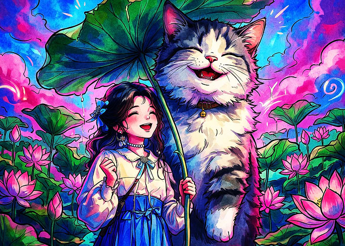 Cat Girl Lotus Fantasy Psychedelic