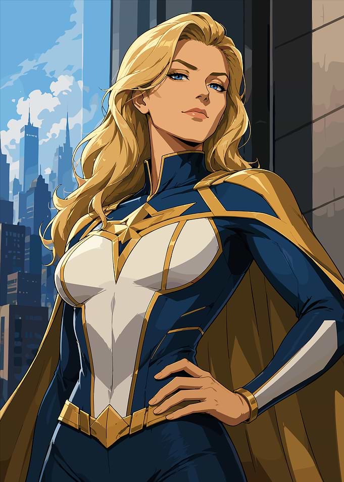 Blonde Superheroine in Cityscape