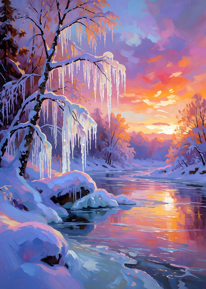 Vibrant Winter Sunset Over Frozen River