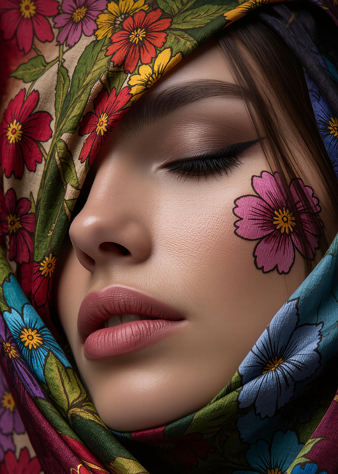 Woman with Floral Headscarf and Makeup