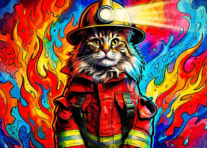 Firefighter Cat Watercolor Poster