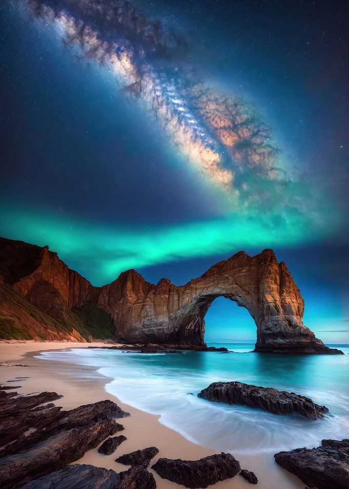 Surreal Coastal Arch Under Galactic Sky