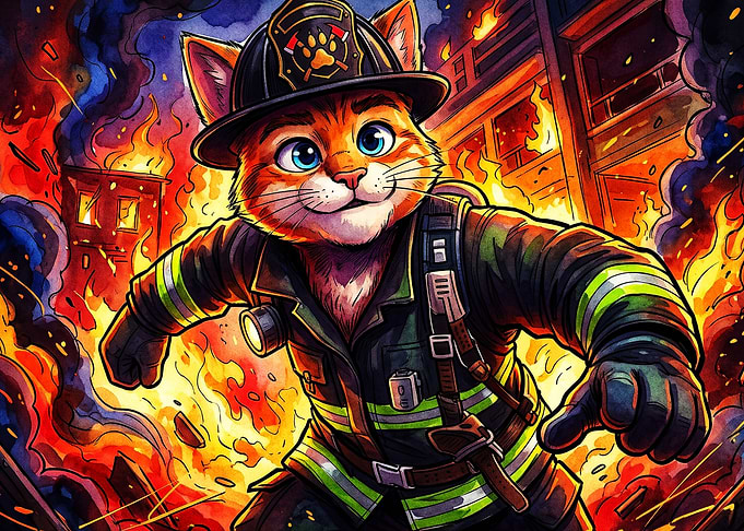 Firefighter Cat Hero Watercolor Pos