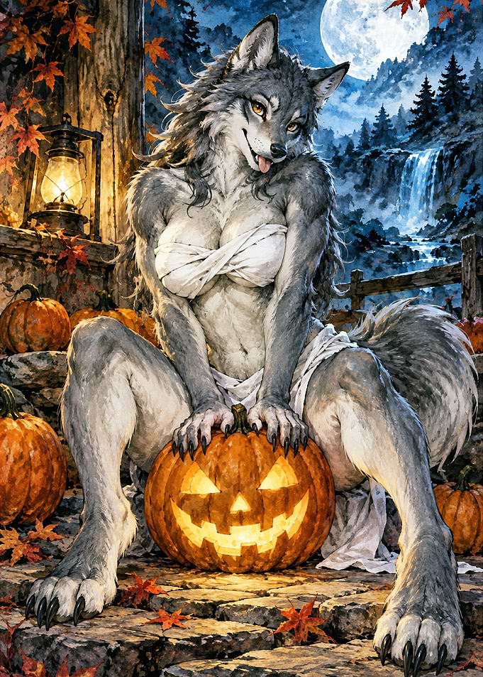 Anthropomorphic Wolf Girl Halloween Scene