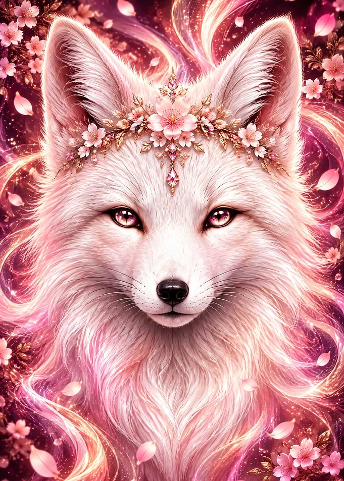 Ethereal White Fox with Cherry Blossoms