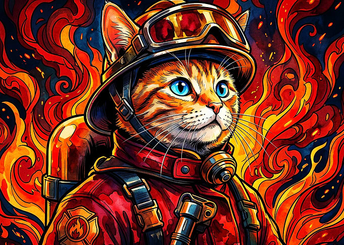 Firefighter Cat Hero Vibrant Art