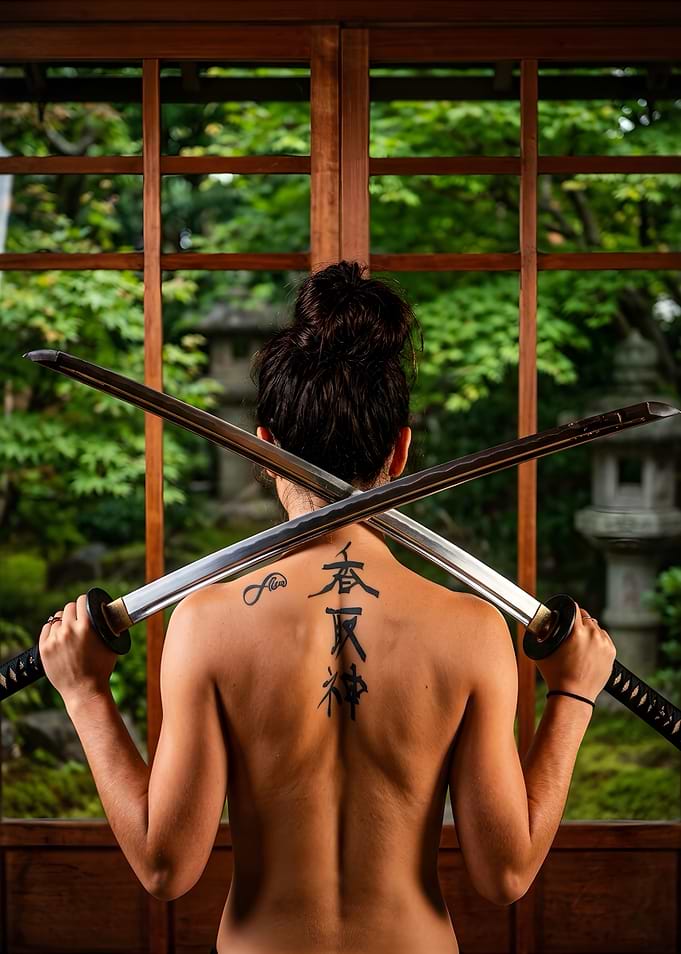 Warrior with Katana Swords and Tattoo