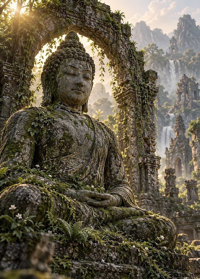 Ancient Buddha Statue in Jungle Ruins