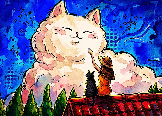 Giant Cat Cloud Watercolor Art