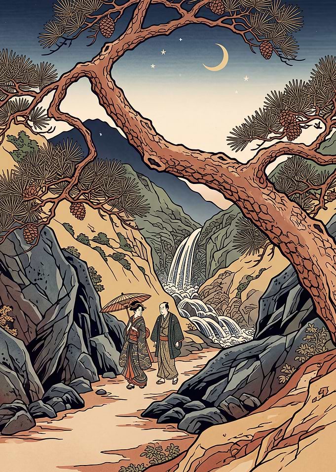Ukiyo-e Travelers on a Moonlit Waterfall Path