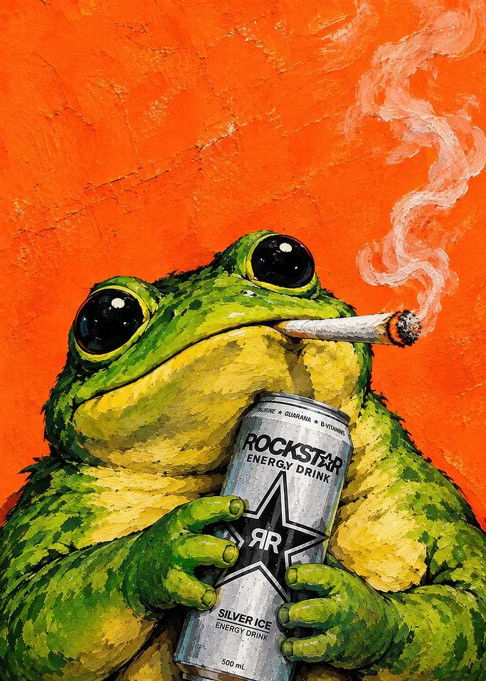 Frog Smoking with Rockstar Energy Drink