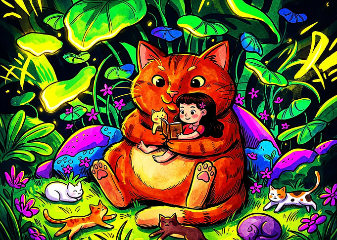 Giant Cat Girl Reading Magic Art
