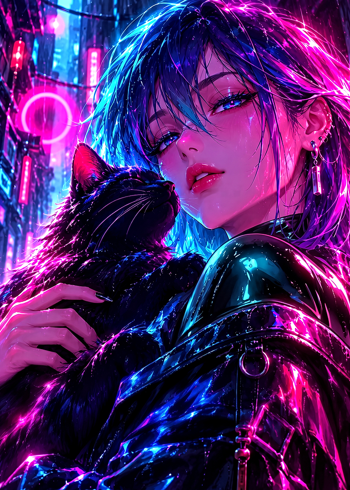 Cyberpunk Anime Girl with Black Cat