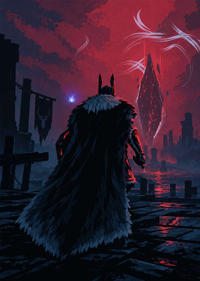 Dark Fantasy Knight Facing Red Monolith