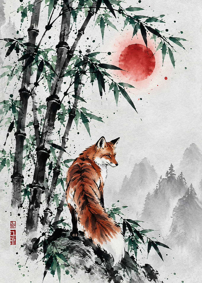 Fox in Bamboo Forest Ink Painting