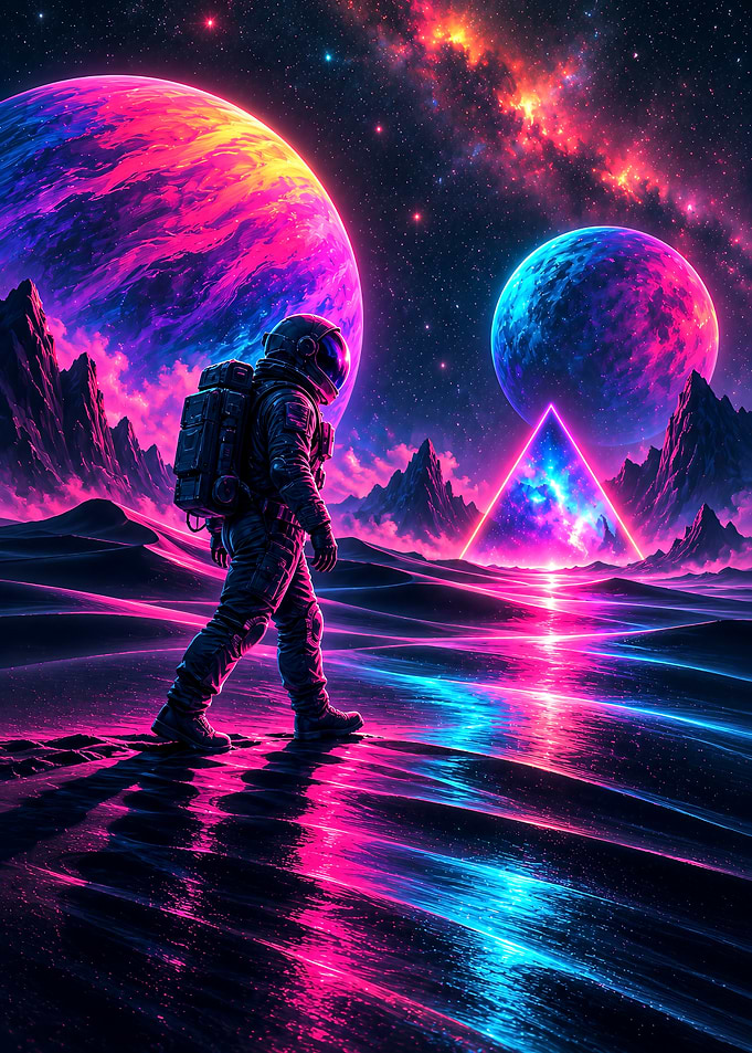 Astronaut Walking on Neon Planet