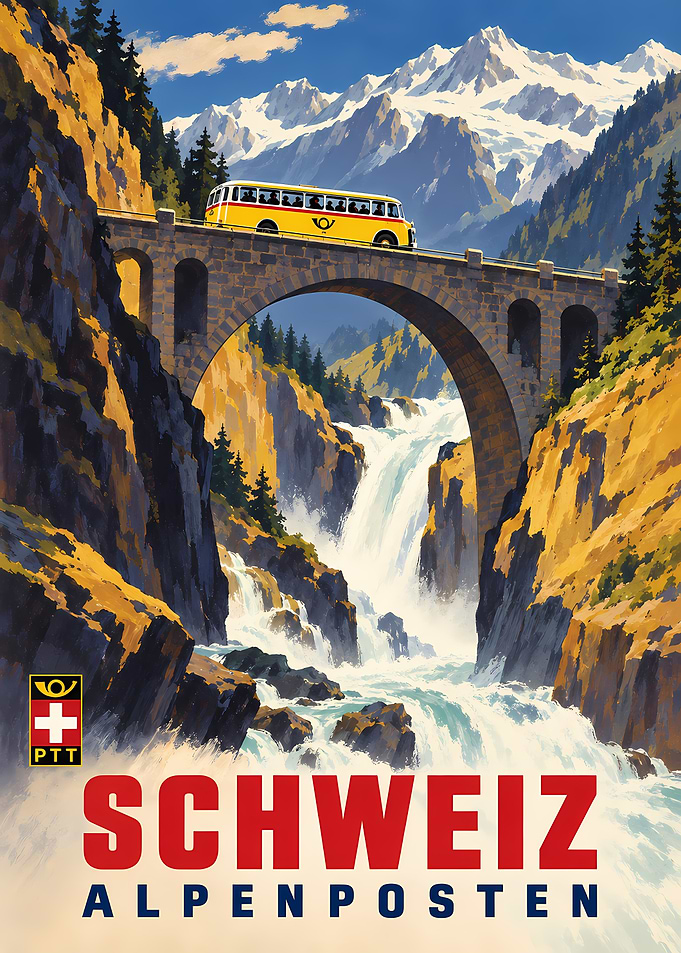 Vintage Swiss Alpine Post Bus Poster