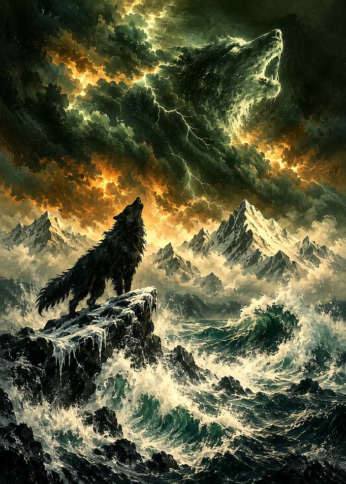 Wolf Howling at Stormy Sky