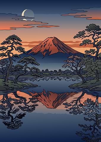 Mount Fuji Sunset Reflection Art