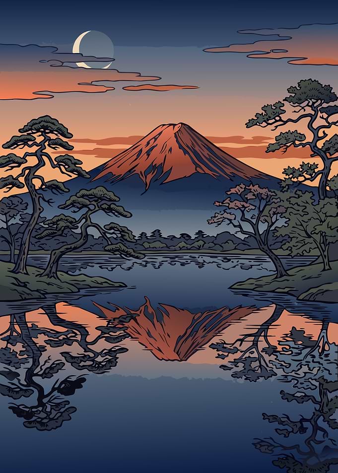 Mount Fuji Sunset Reflection Art