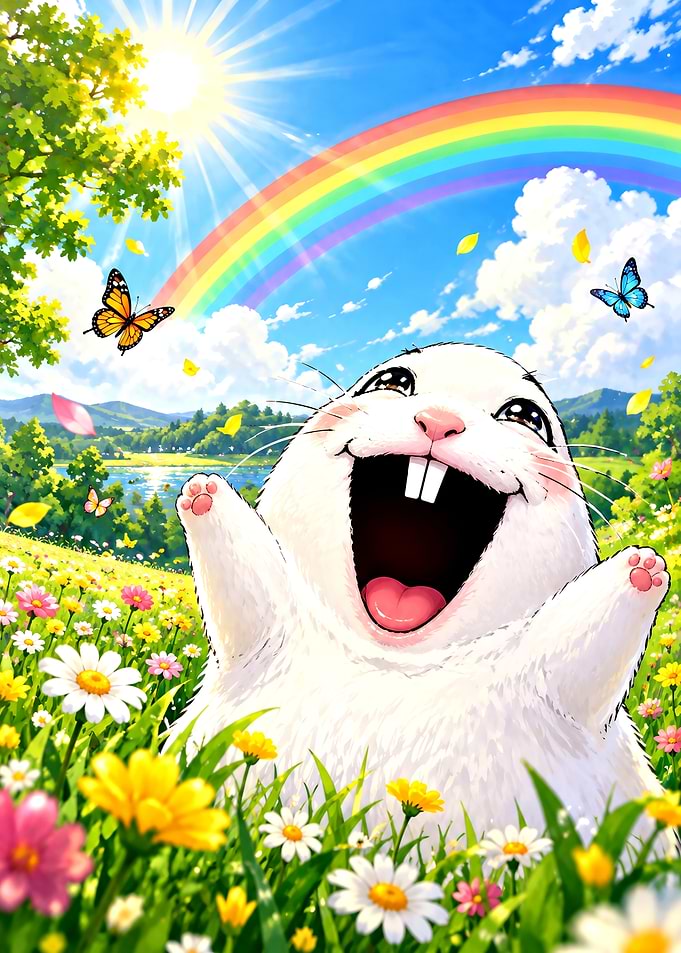 Happy White Bunny in Sunny Meadow