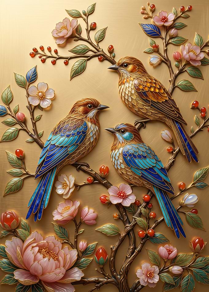 Three Birds on Flowering Branches