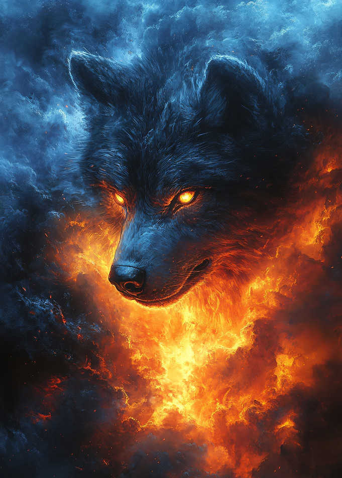 Fiery Wolf Emerging from Smoke