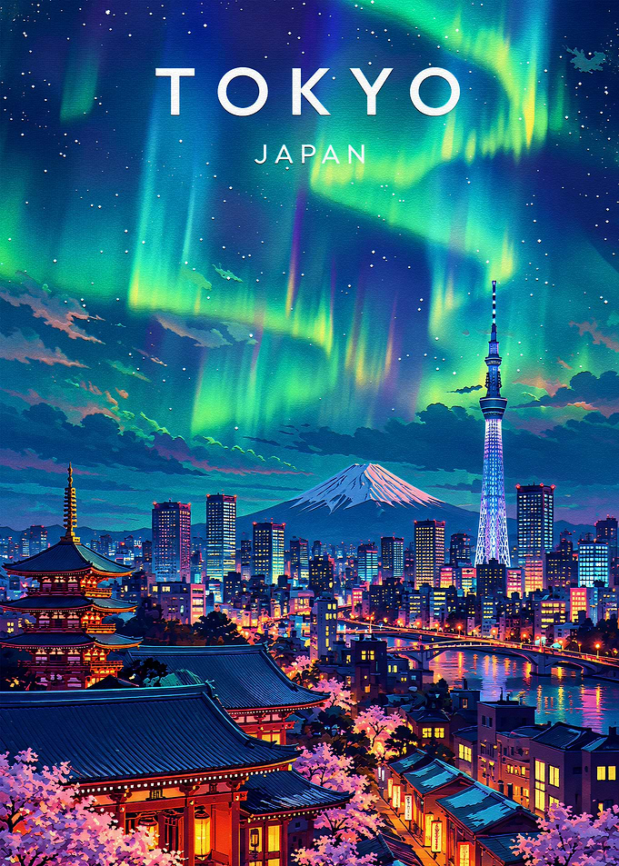Tokyo Japan Aurora Nightscape Poster