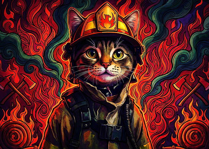 Firefighter Cat Psychedelic Art Pos
