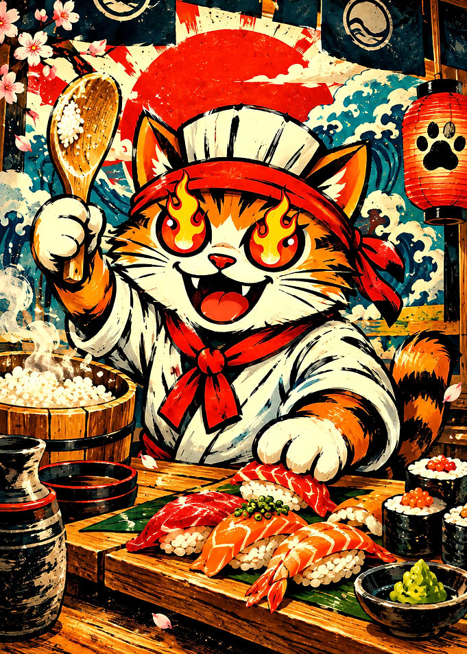 Fiery Sushi Chef Cat Illustration