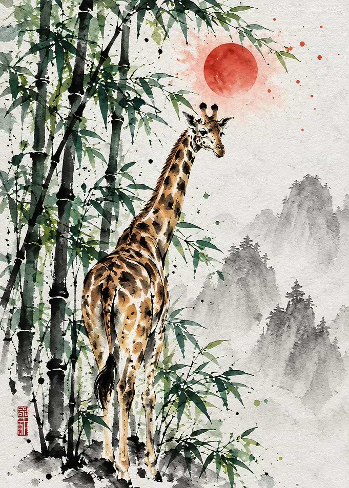 Giraffe in Traditional Ink Wash Style