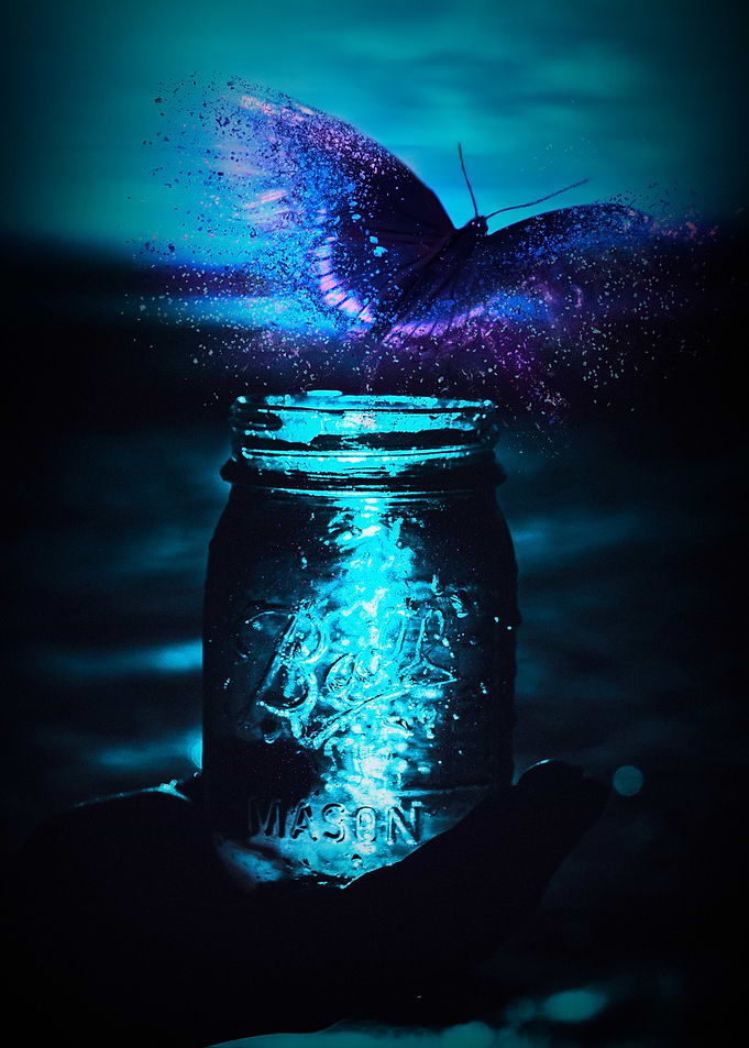Glowing Butterfly Emerging from Mason Jar