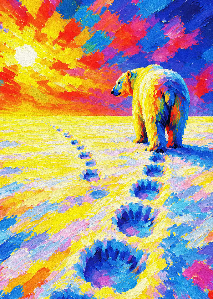 Colorful Polar Bear Walking on Snow
