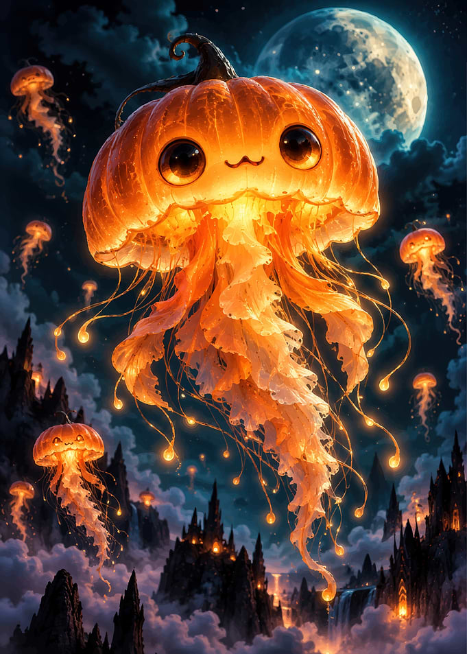 Cute Glowing Pumpkin Jellyfish Fantasy