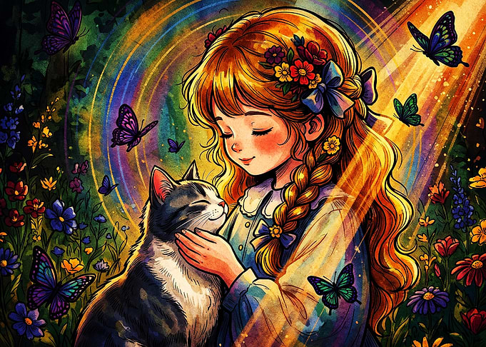 Girl Cat Butterfly Rainbow Art