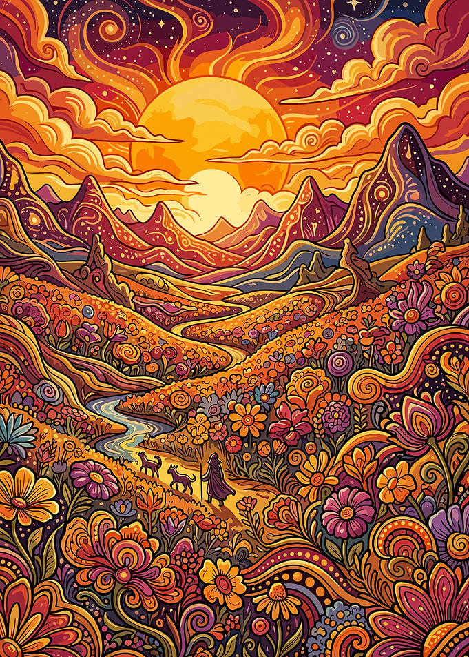 Psychedelic Sunset Landscape with Flowers