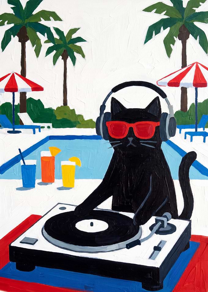 Cool DJ Cat at Poolside Party