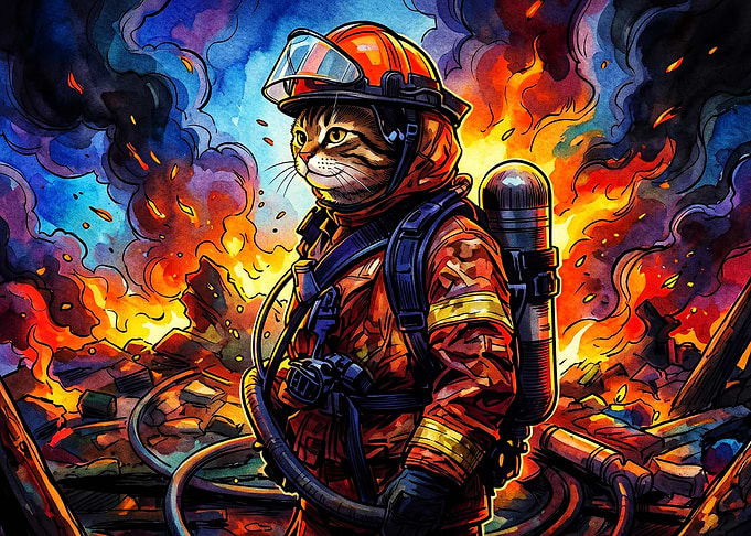 Firefighter Cat Watercolor Art Post