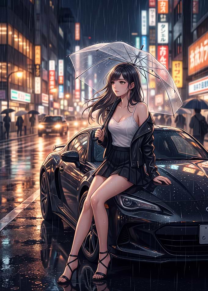 Anime Girl Sitting on Sports Car