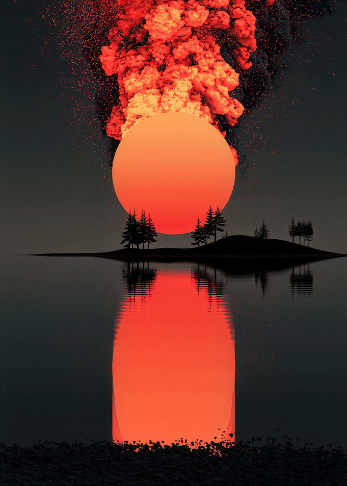 Volcanic Eruption Under Red Sun