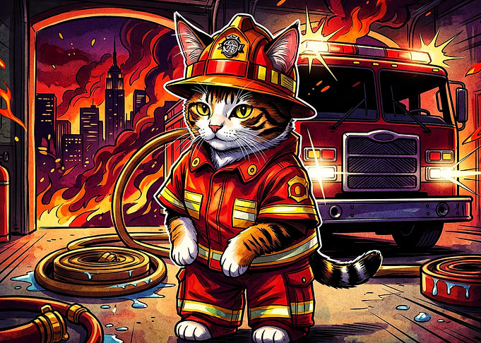 Firefighter Cat Firetruck Cartoon A