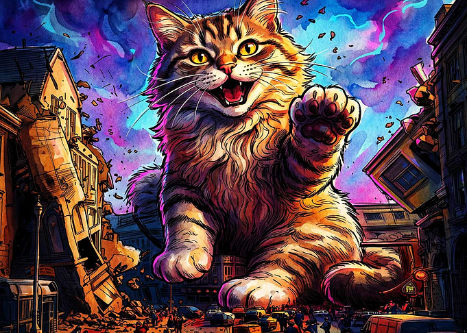 Giant Cat City Attack Fantasy Art