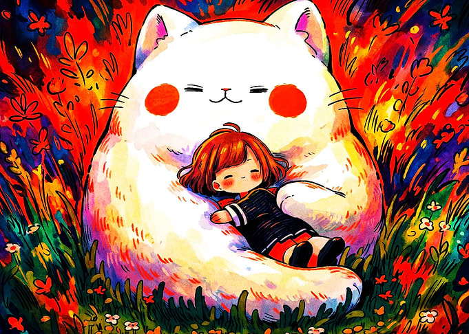 Cat Hug Girl Anime Watercolor Art