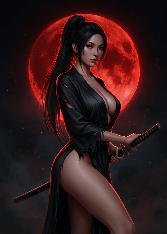 Female Samurai Under Red Moon