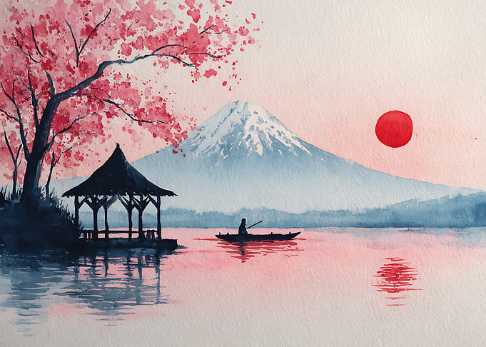 Watercolor Mount Fuji and Cherry Blossom