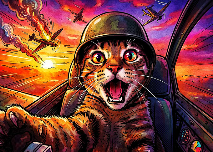Cat Pilot War Fighter Jet Art