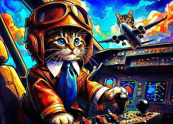 Cat Pilot Flying Jet Aviator Art