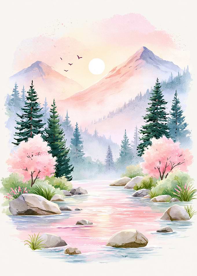 Watercolor Mountain Landscape with Cherry Blossoms