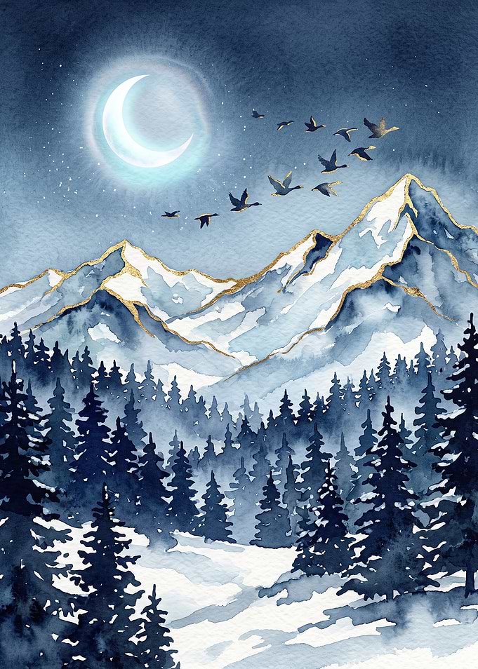 Watercolor Winter Mountain Landscape with Birds